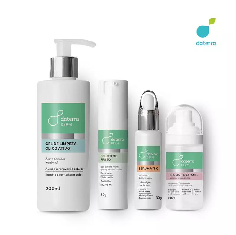 Kit Daterra Derm - Gel de Limpeza Glico Ativo, Gel Creme FPS 50, Sérum Vit C e Bruma Hidratante